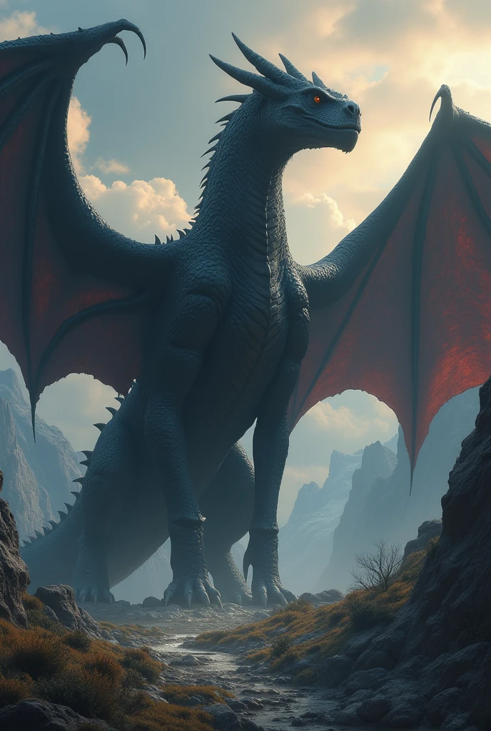 Generates the image of a huge dragon with the colors of an old English shepherd with a black back, a black spot on one of its eyes, its light brown eyes, drooping, huge wings and large legs, and a long snout