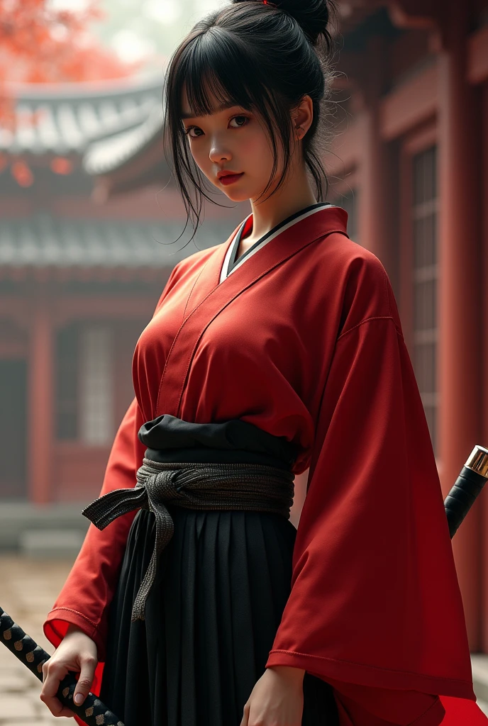 Samurai girl, short black hair tied back, wearing Japanese red kimono and black hakama, two Japanese swords across her waist, ((masterpiece, highest quality, Highest image quality, High resolution, photorealistic, Raw photo, 8K)), ((Extremely detailed CG unified 8k wallpaper)), (huge stunning goddess shot, very hot and sexy, jaw-dropping beauty, perfect proportions, beautiful body, slim body beauty:1.4),