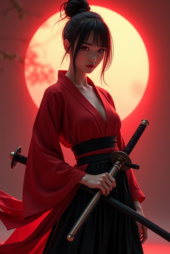 Samurai girl, short black hair tied back, wearing Japanese red kimono and black hakama, two Japanese swords across her waist, ((masterpiece, highest quality, Highest image quality, High resolution, photorealistic, Raw photo, 8K)), ((Extremely detailed CG unified 8k wallpaper)), (huge stunning goddess shot, very hot and y, jaw-dropping beauty, perfect proportions, beautiful body, slim body beauty:1.4),