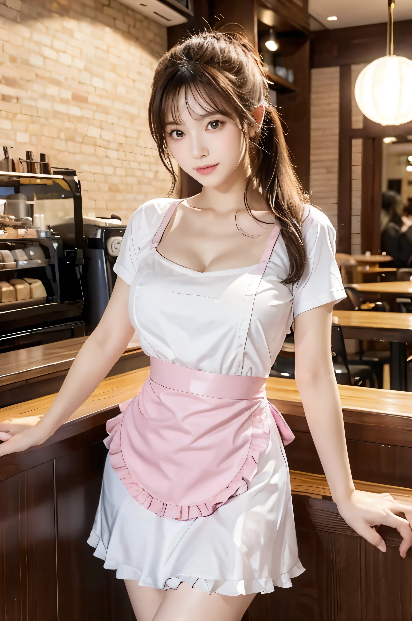 (Ultra HD), (Pink waitress:1.2, Apron with white frills), Beautiful breasts, Big Breasts, slender, Narrow waist, whole body, Standing posture, (Beautiful Skin, Shiny skin, White skin), (Super slim face, Super beautiful face, No makeup), (ponytail, Layered Cut, Fluffy hair), (double eyelid, Slanted Eyes), Small Nose, Thin lips, Thin legs, Coffee shop