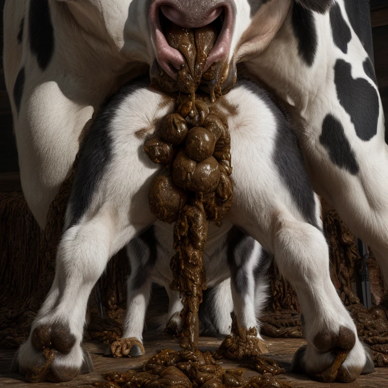 A hyper realistic, ultra detailed image of a cow, fat, (((((feral, black and white cow, husky rimming cow feces))))), thick thighs, duo, shaded, intricate, realistic, detailed background, (saliva:0.8), panting, drooling, saliva, aroused, ass up, on a klingon star ship, freighter. ((((cow butt shot, excessive drooling, duo, hyper balls, cow tail, cow feet, feral, excessive anal scat, standing on all fours, spreading legs, excessive hyper anal feces, husky anal feces rimming))))