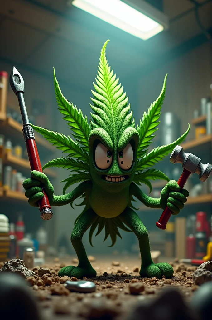 A marijuana leaf with an angry face holding a screwdriver and hammer in its hands