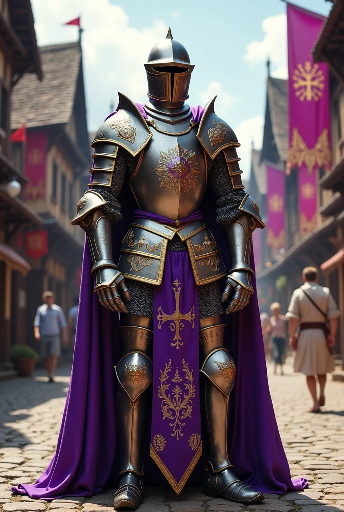 middle ages,Plate armor with a shining purple pattern bordered in gold.,
