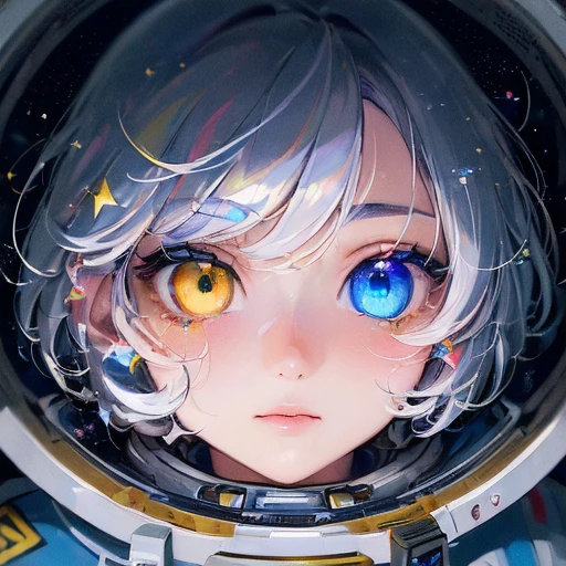 (A better quality masterpiece in close-up:1.5)0.9], (space and astronaut:1.2) (messy silver hair:1.1) (yellow eyes with heterochromia and blue eyes:1.2) (space helmet:1.0) (colored stars in the eyes:1.0) (radiant light:1.1) (big lips:0.9)