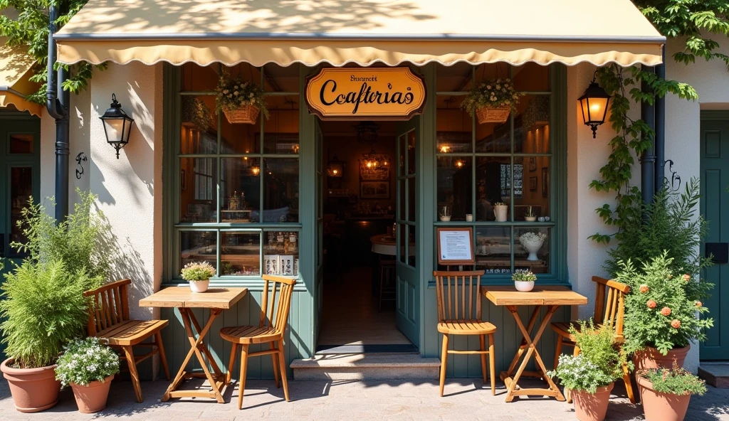 "Generate an image of the exterior of a charming cafeteria. The building should have large glass windows, a welcoming entrance with a few tables and chairs set up outside, and a sign with the name of the café. The architecture should be cozy and inviting, with some greenery or potted plants around the entrance, and perhaps a small awning or canopy to provide shade."