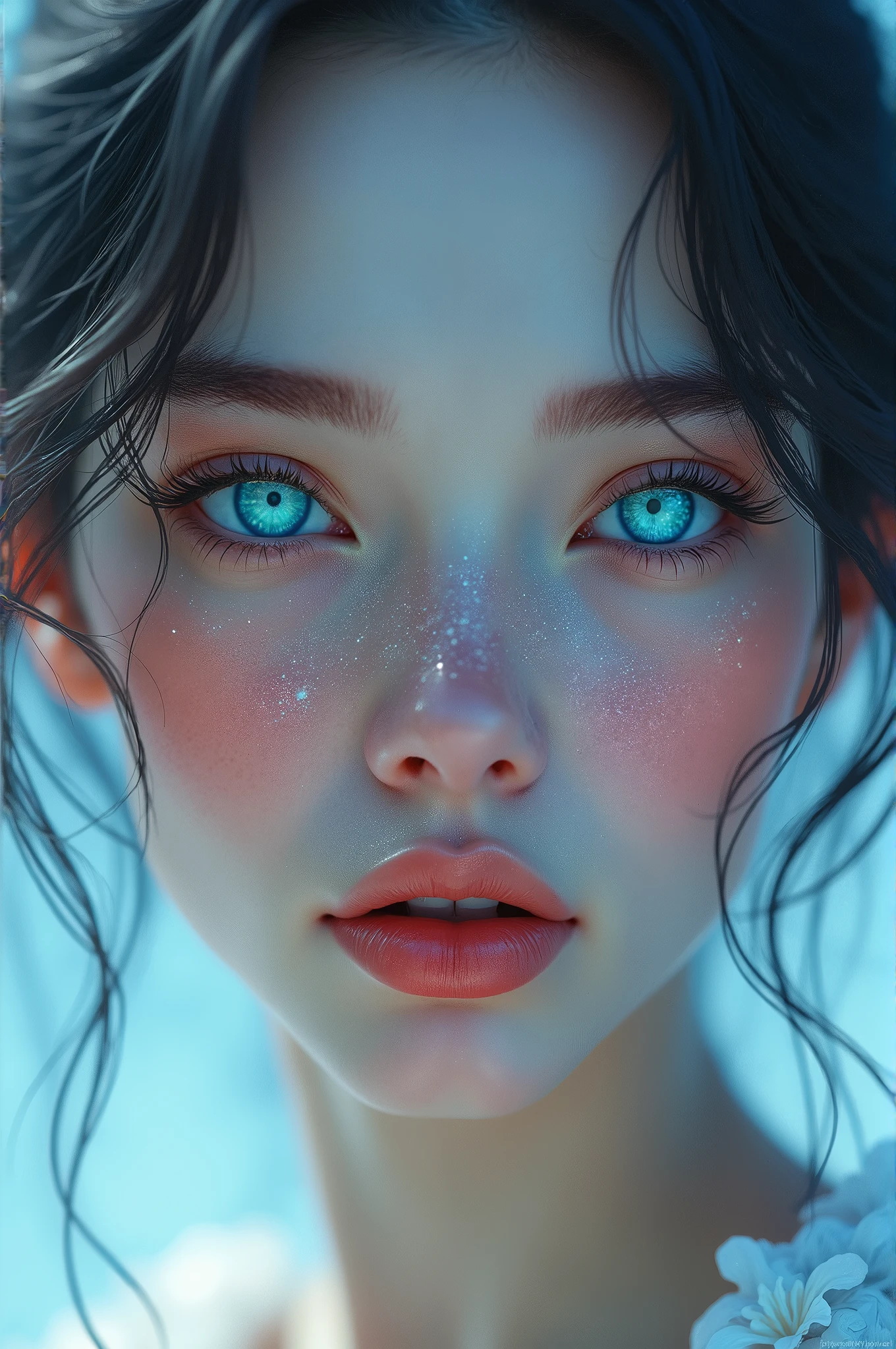 Close-up:A blue-eyed、Woman with sparkling face, Beeple's Surrealism, Popular on artstation, Fantasy Art, hyperrealistic Fantasy Art, Beautiful digital artwork, 8K Photorealistic Digital Art, realistic digital art 4k, realistic digital art 4k, Brandon Wolfel, Ethereal!!! surreal, Surrealism Digital Art