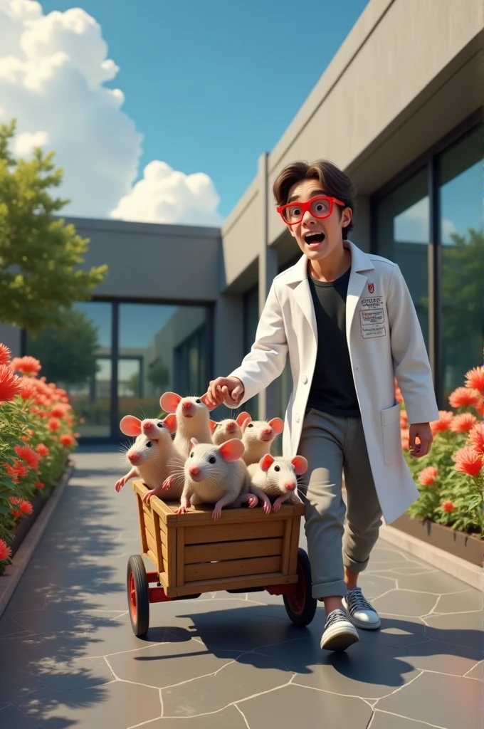 Rats walking in a cart driven by a scientist in a white, knotted lab coat, embroidered name, wearing red-framed glasses,  a black shirt, with gray pants, the medium-length hair falls naturally over the glasses. They then into a gray building with glass windows and a well-detailed flower garden outside the building.  The day is hot but there are many clouds covering the sun. The floor is varnished with black stones and reflects the ambient temperature. In real photo style