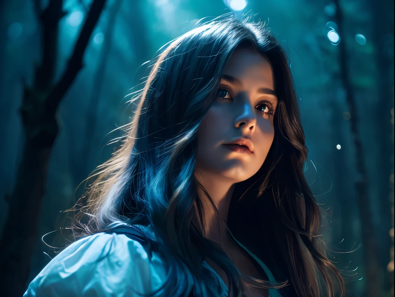 a night scene in a beautiful fantasy forest, a mysterious girl with long silver hair and glowing eyes standing among the trees, (1girl, detailed face, beautiful detailed eyes, beautiful detailed lips, extremely detailed, delicate features), moonlight shining through the branches, (detailed environment, detailed foliage, detailed trees, mist, fog, glowing mushrooms, glowing fireflies), (best quality, 8k, highres, masterpiece:1.2), (fantasy, dark fantasy, moody, cinematic lighting, dramatic lighting), (cool colors, blue tones, deep shadows)