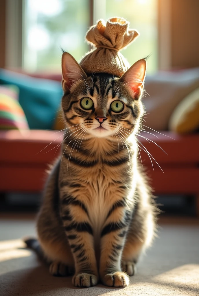 Image of a cat with a bag tied to its head
