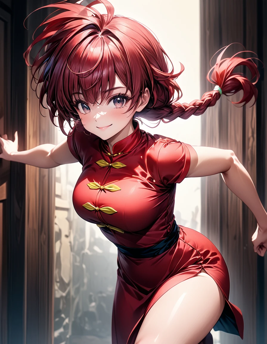 (High resolution:1.4)、(High resolution:1.4)、beautiful girl alone、Symmetrical face、「Ranma Half」character、Super Beauty「Ranma Saotome」、Spirited eyes、Red Hair、Long hair in a single braid hanging down the back、Japanese beauty、Challenging smile、To the camera、Cheongsam with short hem、Muscular thighs、Kick with your leg raised high towards the camera、beautiful, Glowing Skin、Softly lit、Cinematic colors、Incredibly realistic textures、Photorealistic and colorful、stylish、beautiful and dense large breasts、Attractive waist、Underarm、High resolutionの顔と目、Good fingers、