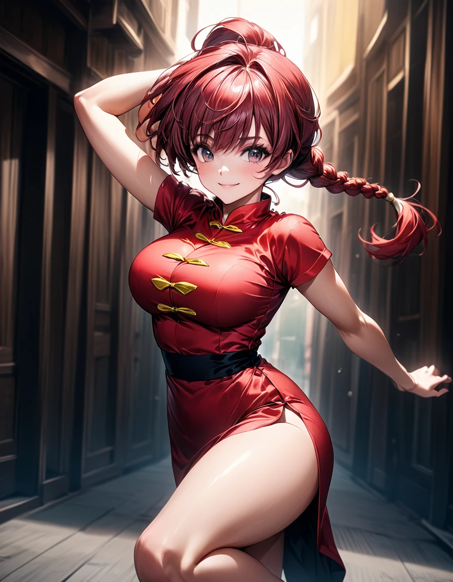 (High resolution:1.4)、(High resolution:1.4)、beautiful girl alone、Symmetrical face、「Ranma Half」character、Super Beauty「Ranma Saotome」、Spirited eyes、Red Hair、Long hair in a single braid hanging down the back、Japanese beauty、Challenging smile、To the camera、Cheongsam with short hem、Muscular thighs、Kick with your leg raised high towards the camera、beautiful, Glowing Skin、Softly lit、Cinematic colors、Incredibly realistic textures、Photorealistic and colorful、stylish、beautiful and dense large breasts、Attractive waist、Underarm、High resolutionの顔と目、Good fingers、