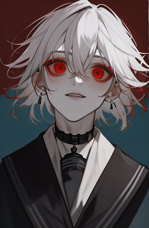 masterpiece, male focus, 1boy, solo, white hair, tassel earrings, tassel, jewelry, earrings, wearing collar, wearing blue school uniform, forest background, red eyes, short messy hair, blood, knives, upper body, hair between eyes, fluffy hair, psychotic obsessive expression, uncanny smile, yandere expressions, bloody face