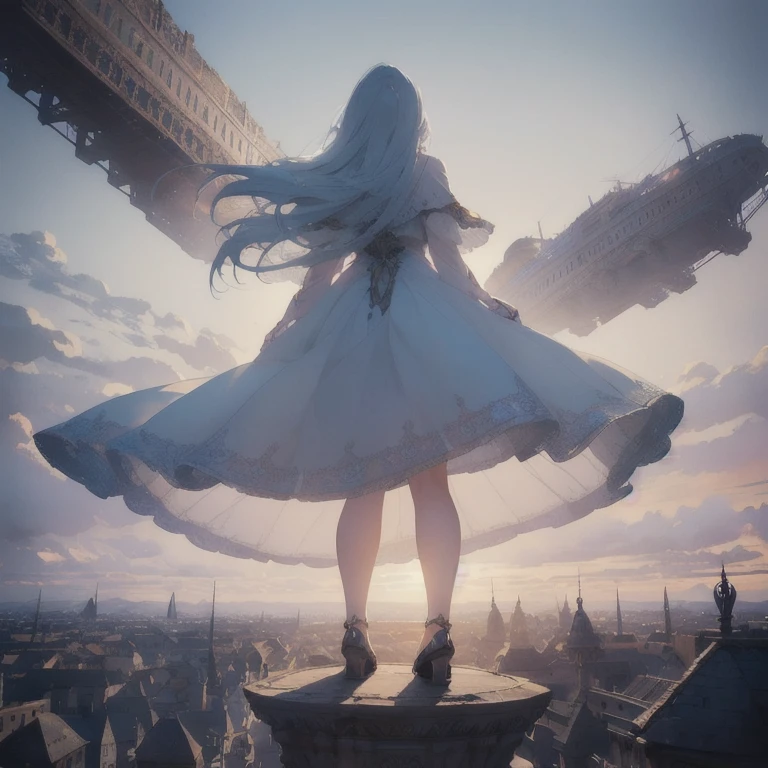 (A girl from behind), ((full body)), beautifully detailed eyes, beautifully detailed lips, extremely detailed eyes and face, long eyelashes, white dress, wearing glasses, blue hair, short hair, back view, atmospheric lighting, detailed foliage, vibrant colors, (highest quality, 4k, 8k, high resolution, masterpiece: 1.2), ultra detailed, (realistic, photorealistic, photorealistic: 1.37), complex background, dreamy atmosphere, cinematic lighting,A highly detailed, clear, masterpiece, 8K, high resolution, ultra-detailed, photorealistic, professional lighting, cinematic lighting, fashion photography, ambient lighting, fantasy, background, floating trains, giant airships, surreal, amazing, scene, wonderful, complex, giant cityscapes, from below, ancient city, atmosphere