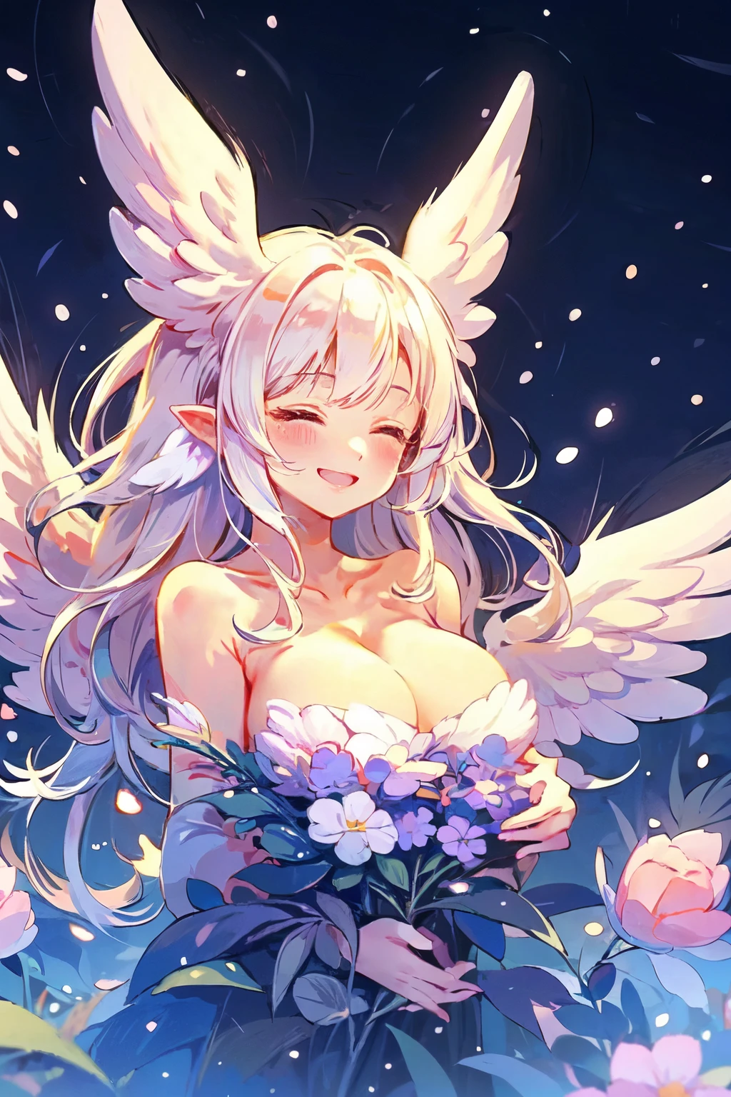 Highest quality、Angel Girl、Long white hair with pink tips、Big angel wings、smile、Delicate hair、Highly detailed face、Beautiful cleavage、Whimsical、Perfect lighting、Soft touch illustrations、A beautiful and brilliant flower field