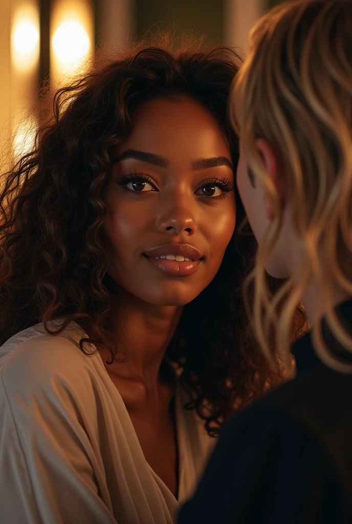 hyper realistic portrait of Yara shahidi, 22 years old, brown hair with blonde highlights and amber eyes. woman, she should have a natural, approachable expression and be lit by soft, dark light, canon eos r5, raw format, setting is a futuristic living room, sitting on a luxury sofa, luxury setting, modern, looking into the eyes of a 19 year old white guy with good looks and long blonde hair, wearing acne studios