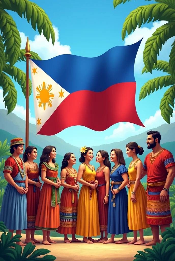 different philippine culture languages facing around the Philippine flag
(make it easy to draw)