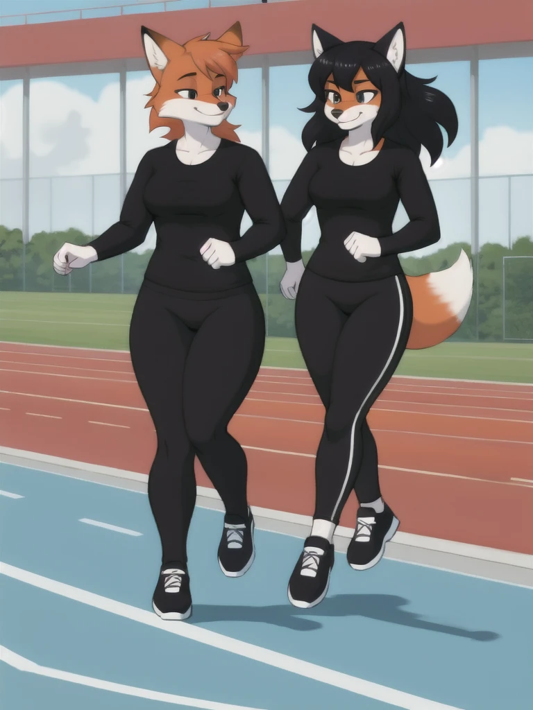 Furry, fox, female, black shirt, black leggings, shoes, running track, friends, full body