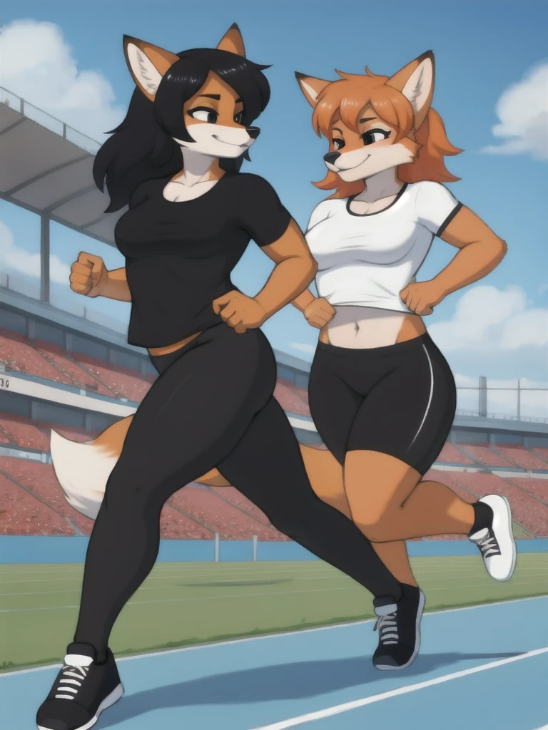 Furry, fox, female, black shirt, black leggings, shoes, running track, friends, full body