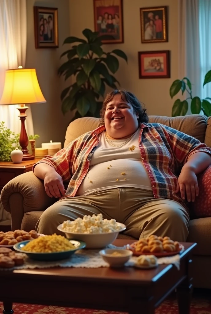 An obese person sitting on the sofa full of food