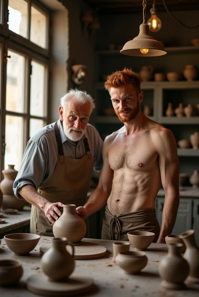 A handsome 27 year old young man, cute, beautiful, white with short, attractive, red hair, shirtless, soft, white skin, making a jug with an old man in a pottery shop. The old man was dressed appropriately, but the young man was not wearing one, he was walking around without a shirt.