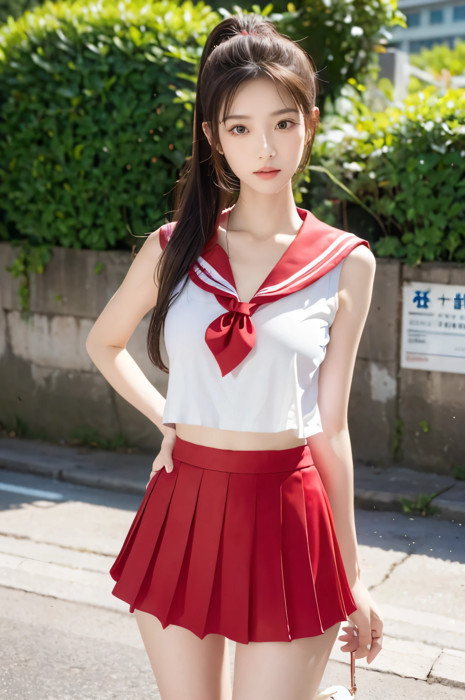 (Ultra HD), (Red sailor suit, Red short skirt), Big Breasts, slender, Narrow waist, (The belly button is visible:0.8), whole body, Standing posture, (Beautiful Skin, Shiny skin, White skin), (Super slim face, Super beautiful face, No makeup), (ponytail, Layered Cut, Fluffy hair), (double eyelid, Slanted Eyes), Small Nose, Thin lips, Thin legs, In front of the school gate