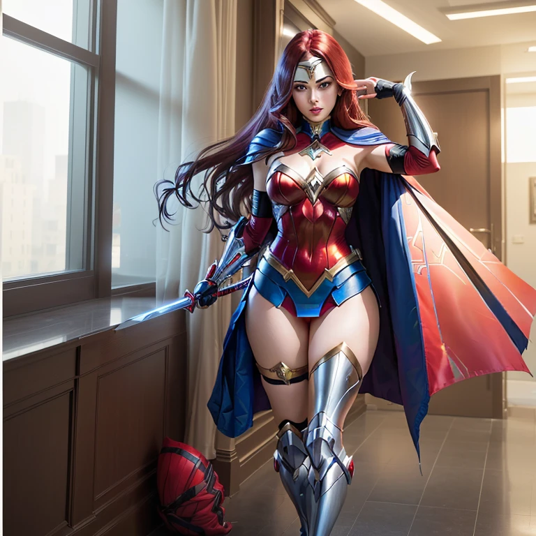 Araffe, dressed in a suit and holding a sword, Amouranth as a supervillain, publicity cosplay, dressed as Wonder Woman, succubus in a tight short dress, whole body in suit, tight outfit, Asuka costume under clothes!, cosplay award winner, Scarlet Witch Costume, Kitana from Mortal Kombat, suit with blue inserts, Cinematic shot of the goddess's body