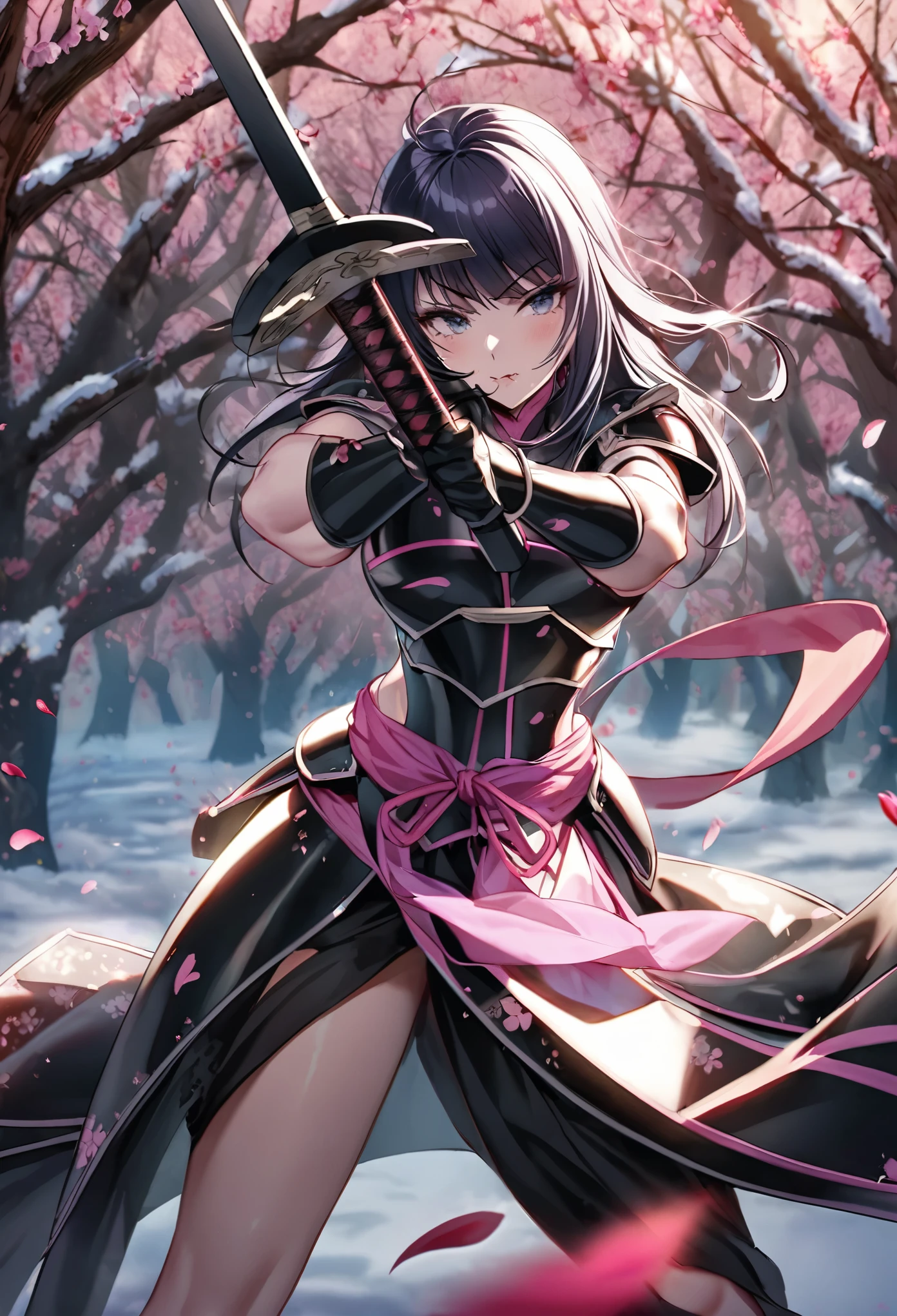 Lucy Liu in feminine samurai battle armor, brightly colored demon themed, dark energy swirls around her, wielding an intricate black bladed sword, she is moving through a cherry orchard, cherry petals falling around her like snow, battle stance, hateful look on her face, show her from head to toe, show her entire body