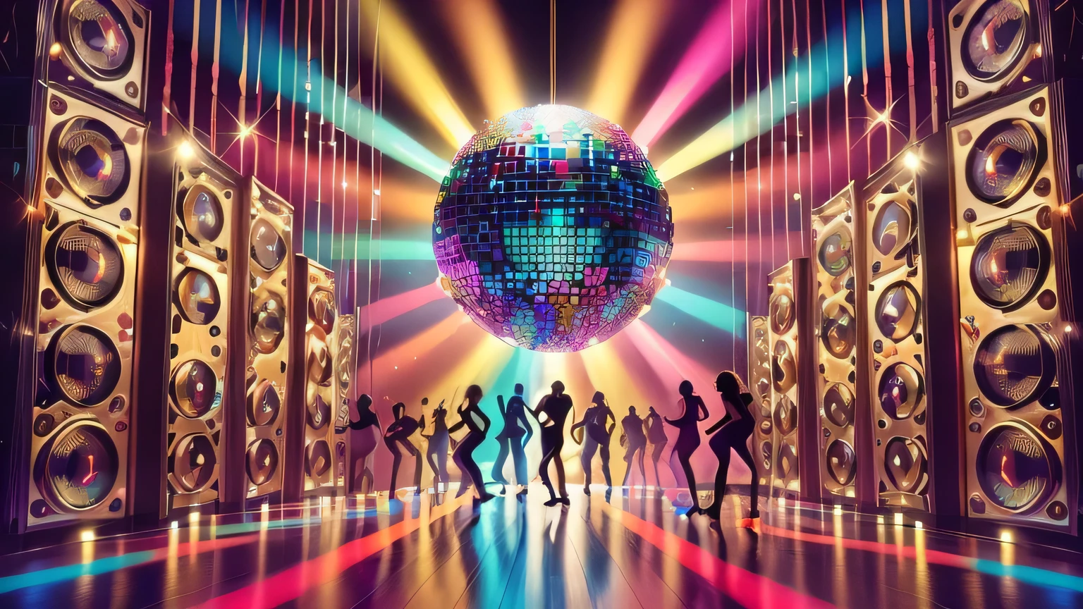 arafed image of a festa discoteca with a bola de discoteca and silhouettes of people, festa discoteca, dança de boate inspirada, disco, luz de discotecaing, luz de discotecas, luz de discoteca, dança hall background, fundo de boate, difusão de discoteca, dança , bola de discotecas, disco pictoplasma, bola de discoteca, dança club rave, bola de discoteca in background, pessoas dançando ao fundo