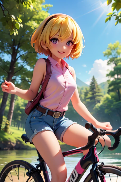 Cycling in nature, (ride a bicycle), (Houjou_Satoko), 1 female, solo,  (Yellow Hair), blonde, Purple eyes, short hair, hair band, Small breasts, Collared shirt,Sleeveless shirt,Pink Shirt,  White Belt, (Denim shorts), Attention to detail, Lush forest, Beautiful riverside, Blue sky, Sunshine pours down, Smiling Rider,