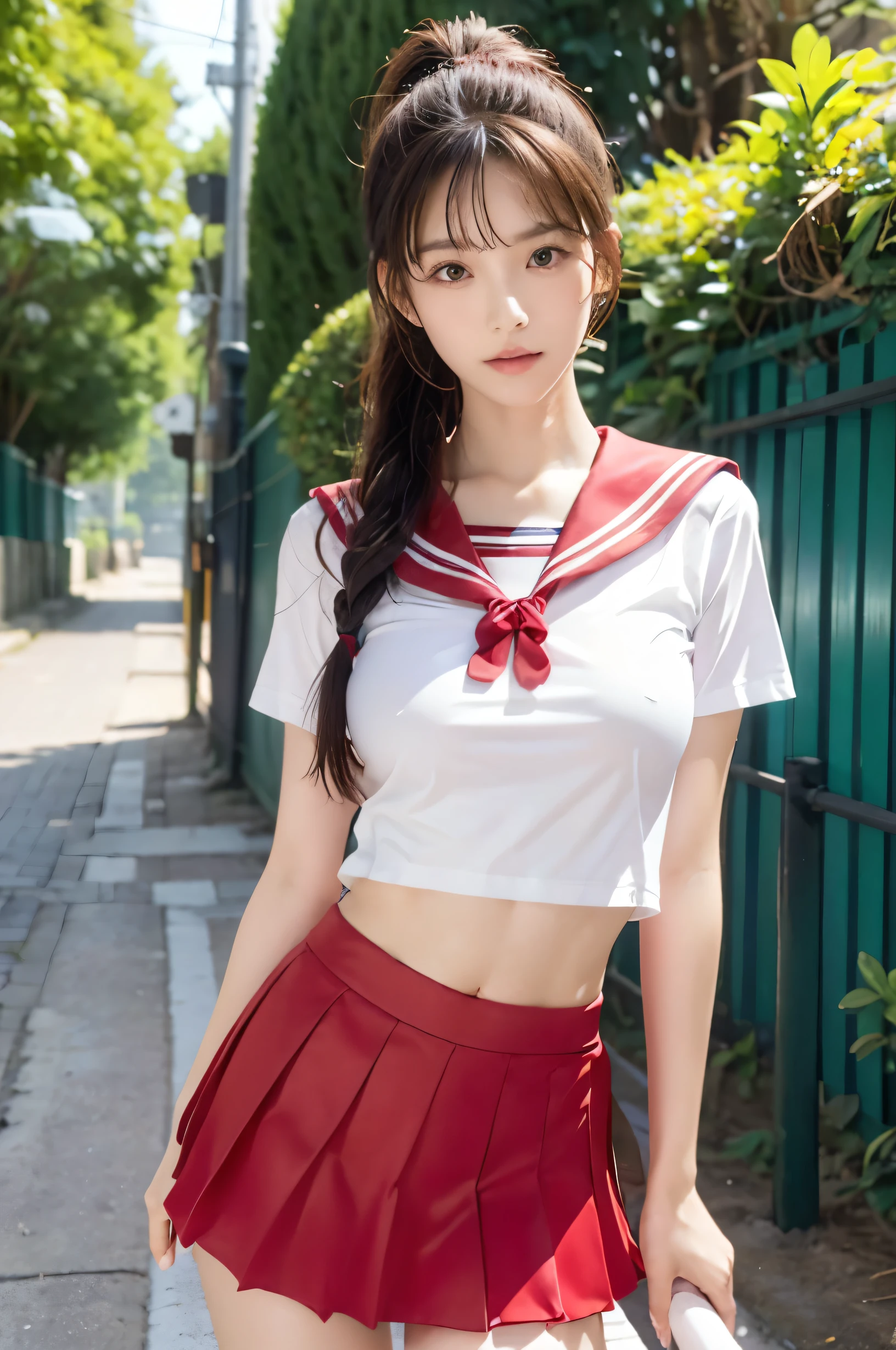 (Ultra HD), (Red sailor suit, Red short skirt), , slender, Narrow waist, (The belly button is visible:0.8), whole body, Standing posture, (Beautiful Skin, Shiny skin, White skin), (Super slim face, Super beautiful face, No makeup), (ponytail, Layered Cut, Fluffy hair), (double eyelid, Slanted Eyes), Small Nose, Thin lips, Thin legs, In front of the school gate