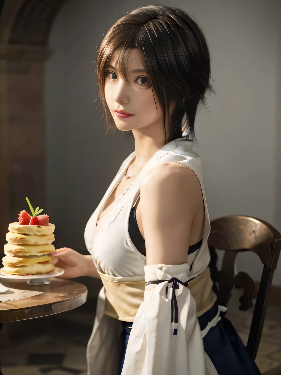 20 year old Japanese beauty,One person、Muscular body like a bodybuilder、Emphasize the breasts、Slit eyes、A head-to-toe view,Bust is very very large、The background is a medieval European kitchen、High quality photos、Clear, crisp images of the lower body、Masterpiece 8k、Smiling、I am eating a shortcake at the table.、From the front, from the side, from the back, etc.々from what camera angle to shoot、FF10 Yuna's outfit