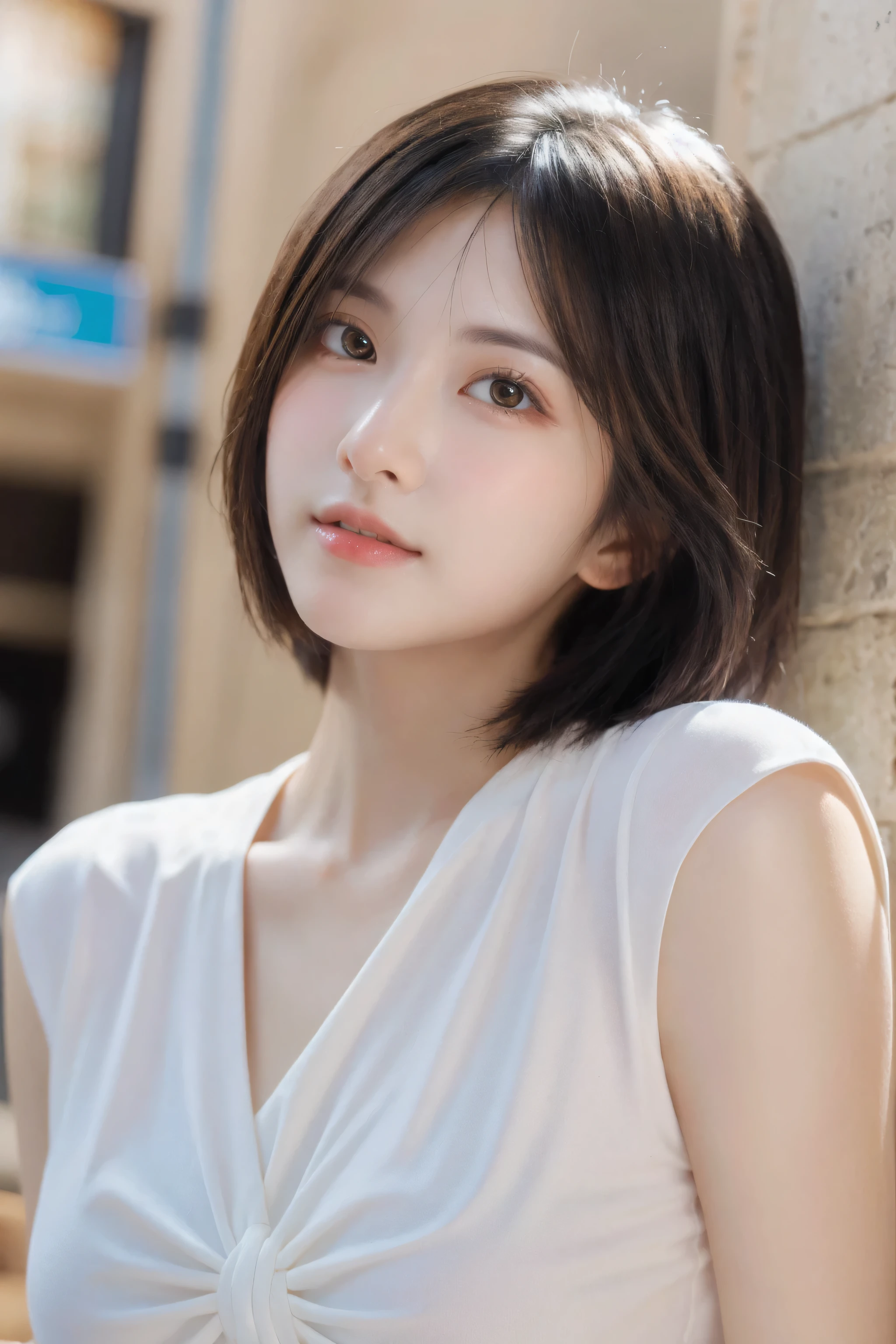 (8k, RAW Photo, Best Quality, Masterpiece:1.2), table top, Ultra Detail, Super Resolution, (Realistic, Realistic Photo:1.37), Portrait, High Detail RAW Color Photo, Professional Photo, Extremely Detailed and Beautiful, Extremely detailed, 8k wallpaper, amazing and detailed, huge file size, official art, highly detailed CG unity 8k wallpaper, highly detailed beautiful girl, highly detailed face, highly detailed eyes, highly detailed skin, highly detailed fingers, highly detailed nose, very detailed detailed mouth , perfect anatomy, highly detailed background, highly detailed clothes, 1girl, ,cute girl, realistic body, fair skin, glowing skin , slim body, handsome body, black hair , short hair, (blunt bangs:1.2), smile, cute, youthful, cute face, realistic face, delicate eyes, drooping eyes, looking at viewer, facing front, standing posture, Contraposto, dynamic lighting, ((face closeup)), (medium chest), (Perfect Body Proportions), (slender Body Proportions), (bedroom), super sexy pose, ((neat dress)),