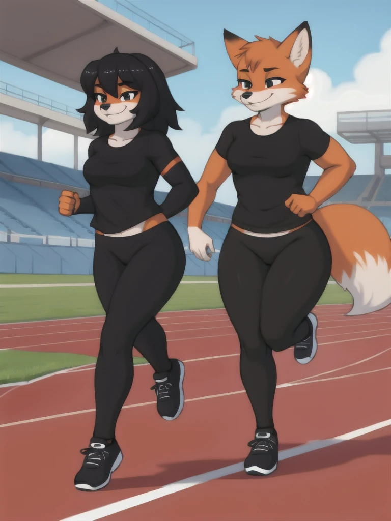 Furry, fox, female, black shirt, black leggings, shoes, running track, friends, full body