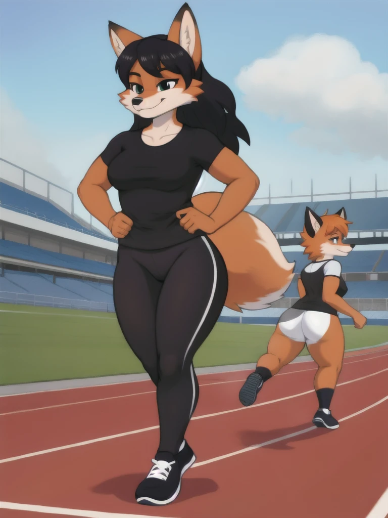 Furry, fox, female, black shirt, black leggings, shoes, running track, friends, full body