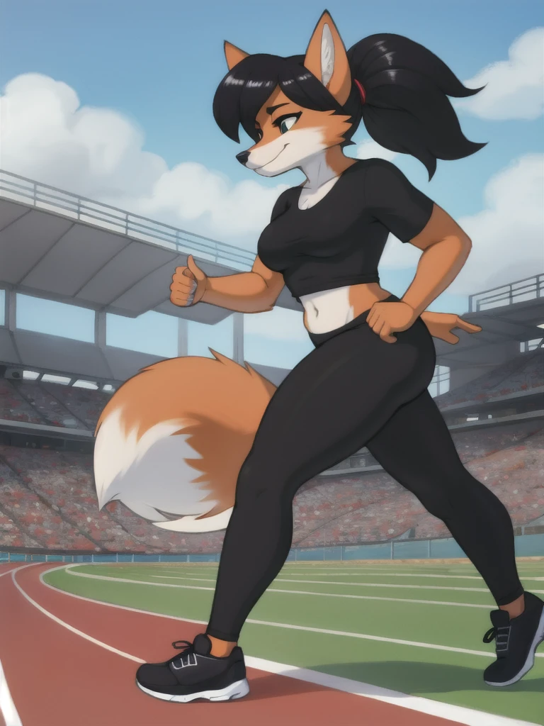 Furry, fox, female, black shirt, black leggings, shoes, running track, friends, full body
