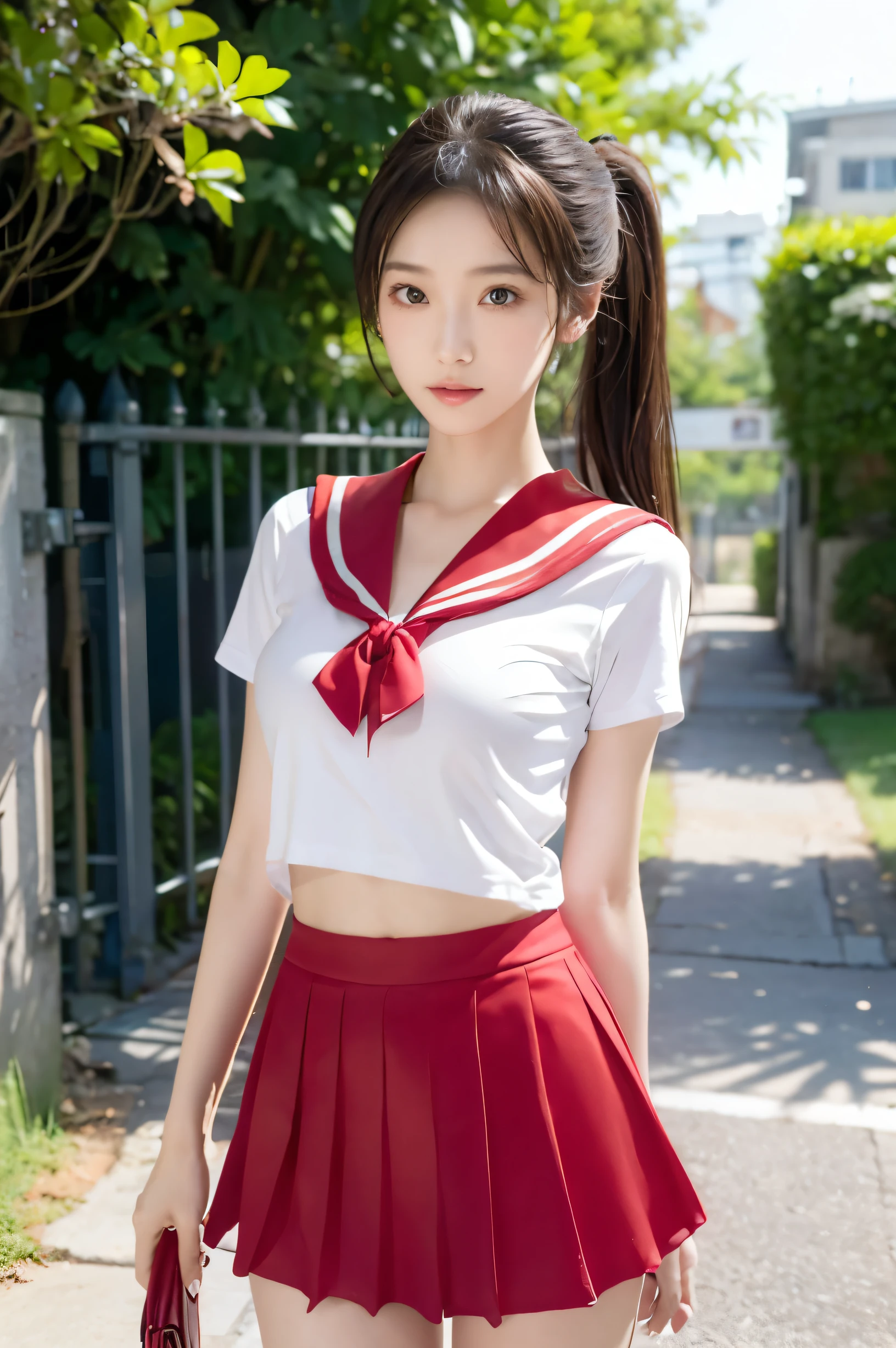 (Ultra HD), (Red sailor suit, Red short skirt), Big Breasts, slender, Narrow waist, (The belly button is visible:0.8), whole body, Standing posture, (Beautiful Skin, Shiny skin, White skin), (Super slim face, Super beautiful face, No makeup), (ponytail, Layered Cut, Fluffy hair), (double eyelid, Slanted Eyes), Small Nose, Thin lips, Thin legs, In front of the school gate