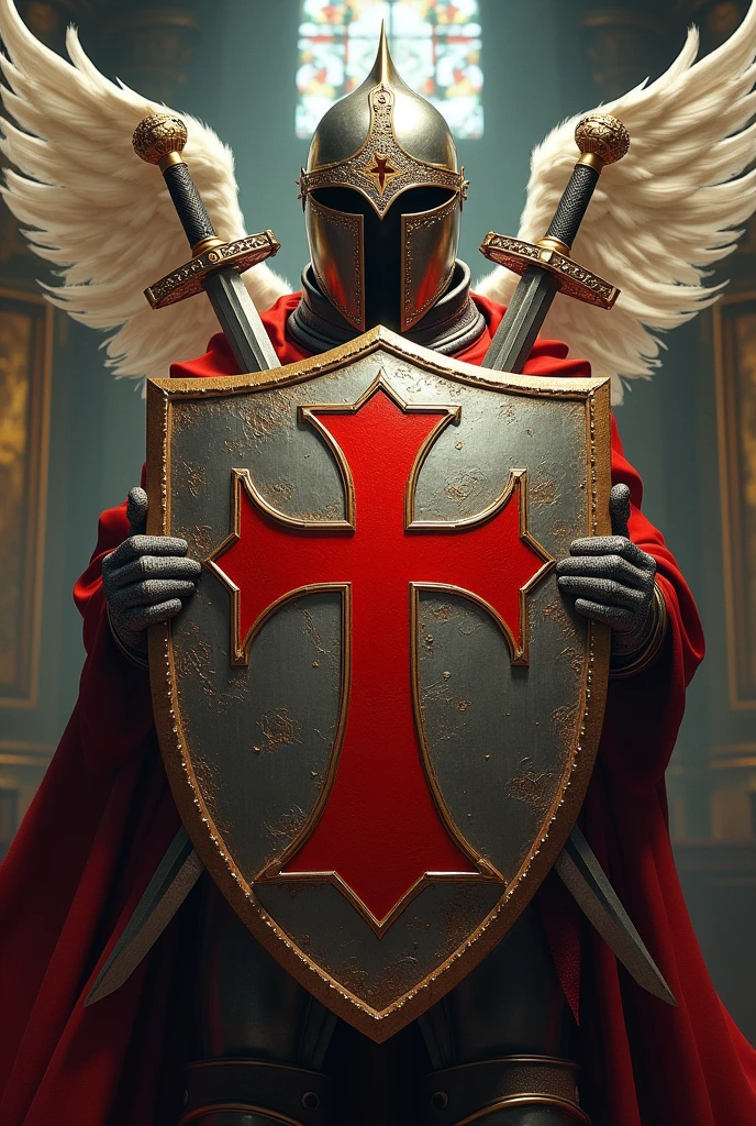 (8k, 16K, awardwinning, best qualityer, higher resolution, super details, high détail, anatomically correcte, work of art, stunning beauty), (金属shield: 1.3), 火焰内的魔法shield , shield, detailed decoration, cruz templaria no meio do shield vermelha, que alcança todo shield em cada ponto da Cruz um, Symbol that represents the York rite in freemasonry,exquisite craftsmanship, acima do shield, A knight Templar's helmet armor, por trás do shield duas espadas cruzando e no final da empunhadura da espada o formato de uma cruz templaria, ao redor do shield, Assassins like angels with open steel.Legendary shields, Rare and precious, details Intricate, 魔法shield由一种叫做山铜的金属制成, There are no precious stones, (Ancient characters are engraved on the inside of the shield: 1.2), impeccable, platinum, offwhite, gold and silver, Captured in an Orthodox church.