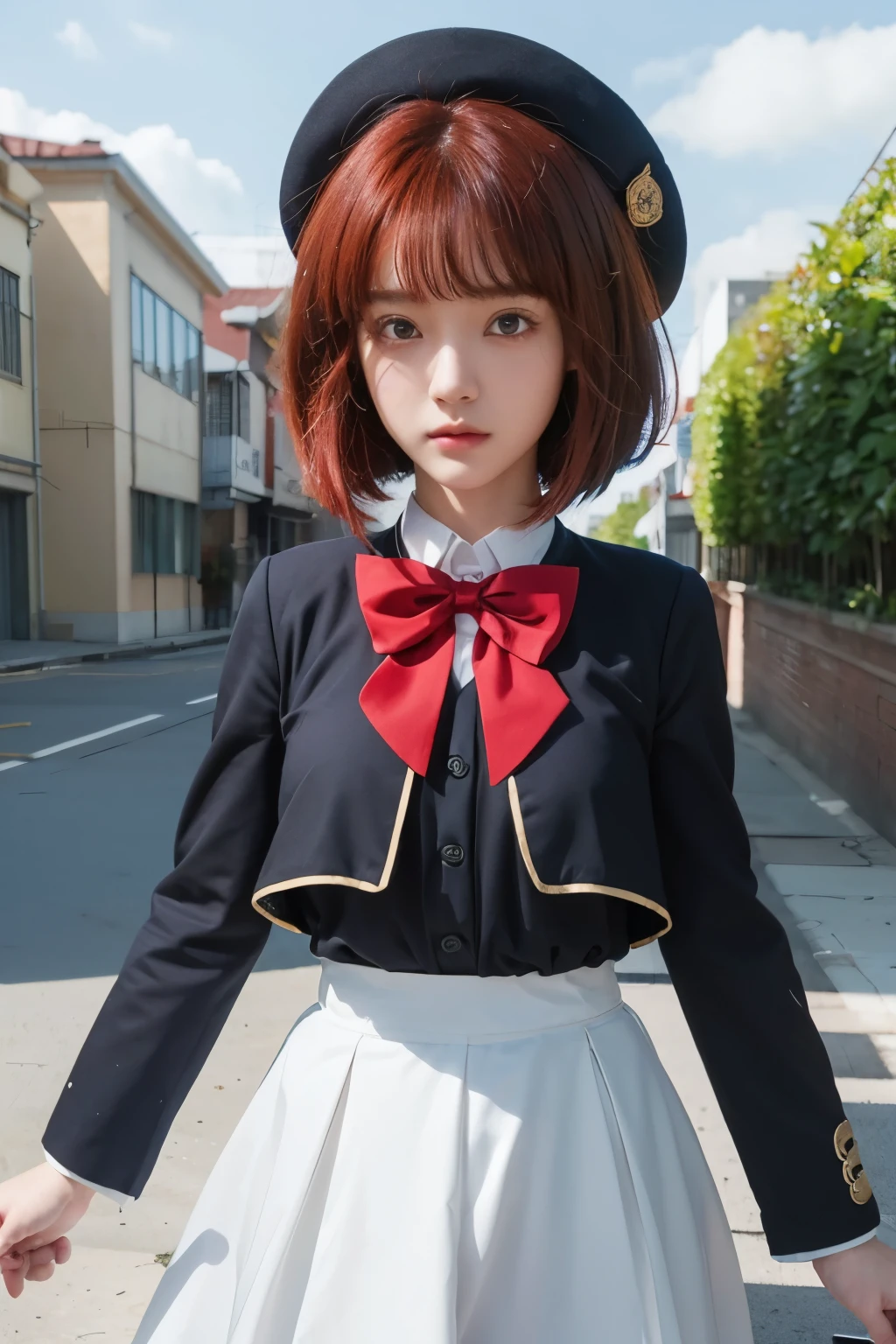 Arima kana, caracter of oshi no ko anime, red eyes, red hair,  blue highschool uniform, detailed face, detailed hair, detailed eyes, detailed hand, ultra realistic, ultra detailed, best quality, masterpiece.