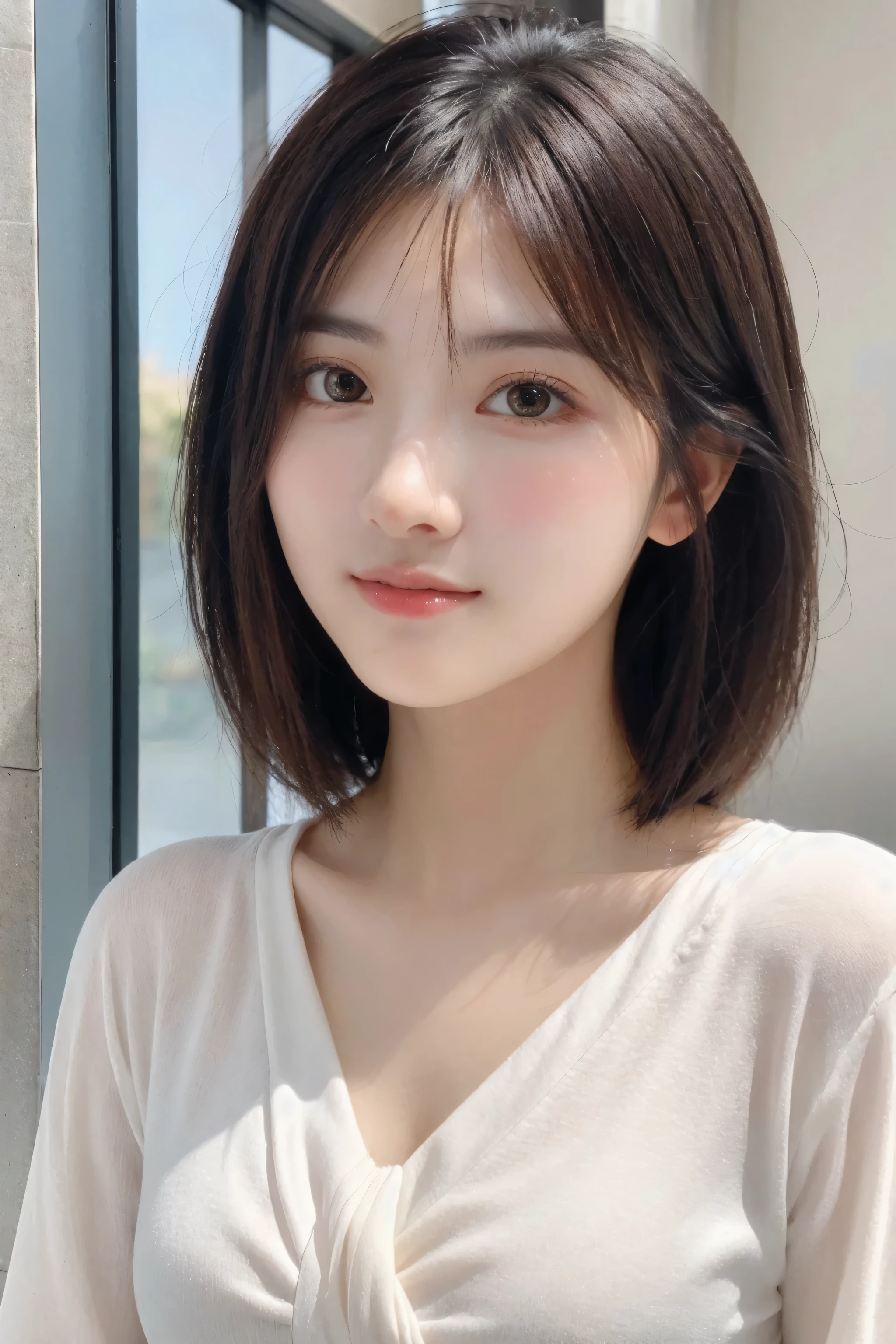 (8k, RAW Photo, Best Quality, Masterpiece:1.2), table top, Ultra Detail, Super Resolution, (Realistic, Realistic Photo:1.37), Portrait, High Detail RAW Color Photo, Professional Photo, Extremely Detailed and Beautiful, Extremely detailed, 8k wallpaper, amazing and detailed, huge file size, official art, highly detailed CG unity 8k wallpaper, highly detailed beautiful girl, highly detailed face, highly detailed eyes, highly detailed skin, highly detailed fingers, highly detailed nose, very detailed detailed mouth , perfect anatomy, highly detailed background, highly detailed clothes, 1girl, ,cute girl, realistic body, fair skin, glowing skin , slim body, handsome body, black hair , short hair, (blunt bangs:1.2), smile, cute, youthful, cute face, realistic face, delicate eyes, drooping eyes, looking at viewer, facing front, standing posture, Contraposto, dynamic lighting, ((face closeup)), (medium chest), (Perfect Body Proportions), (slender Body Proportions), (bedroom), super sexy pose, ((neat dress)),