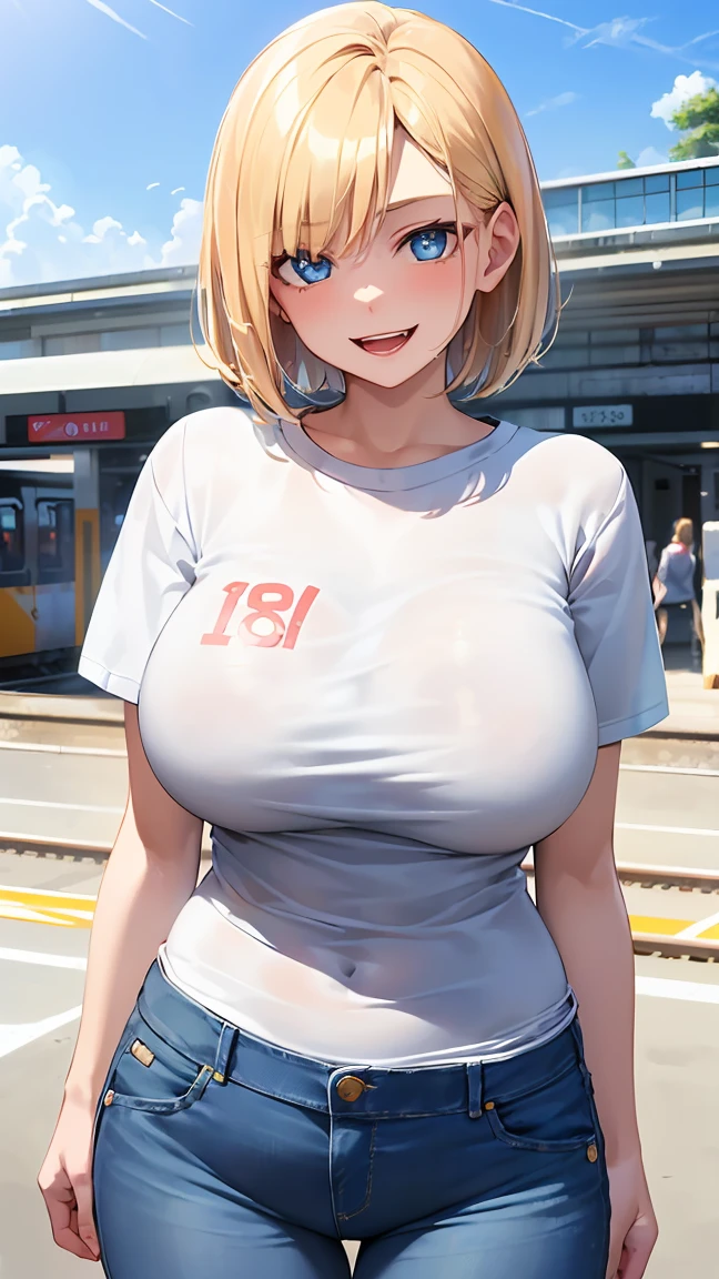 (gleaming skin:1.3), (18-year-old:1.8), blush, laughing, A milf with blonde short hair, tan skin, sky-blue eyes, open mouth, wearing a white bikini, breast,standing, (Square in front of the station:1.6). arms behind back. 1girl, extremely detailed CG, super detailed skin, perfect anatomy, dynamic lighting, beautiful detailed eyes, Top quality、Realistic、woman、milf 、Beautiful Eyes、Symmetrical eyes、(evil smile:1.4)、 (Big breasts bigger than face、curvy body:1.2)、 (Plain white short sleeve t-shirt、denim:1.6), (gleaming skin:1.4)、spread legs、