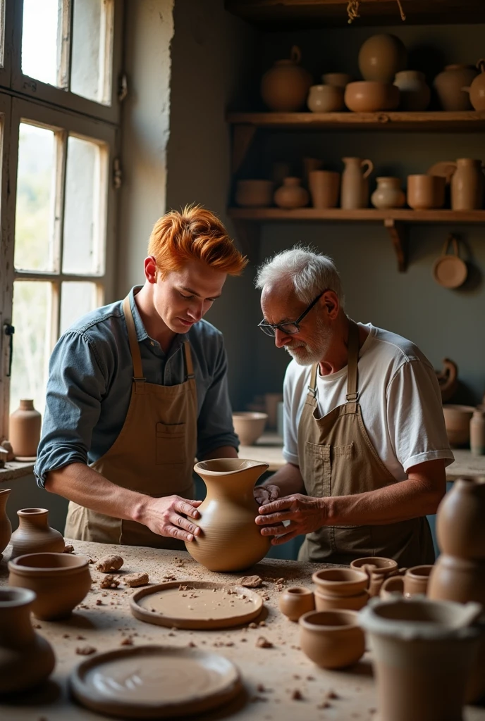 A handsome 27 year old young man, cute, beautiful, white with short, attractive, red hair, shirtless, soft, white skin, making a jug with an old man in a pottery shop. The old man was dressed appropriately, but the young man was not wearing one, he was walking around without a shirt.