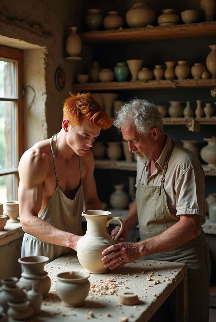 A handsome 27 year old young man, cute, beautiful, white with short, attractive, red hair, shirtless, soft, white skin, making a jug with an old man in a pottery shop. The old man was dressed appropriately, but the young man was not wearing one, he was walking around without a shirt.