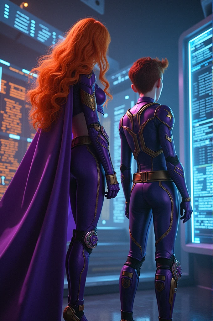 Starfire protecting a ager who is in front of a Galactic computer solving a code Starfire protecting a teen who is in front of a computer solving a code and the computer is very innovative Galactic starfire looks unbeatable looks beautiful divine And how she is protecting a teenager is with her fire she has a sexy and striking suit somewhat similar to the best marvel but with a cape that looks like a skirt or a purple crop top long purple boots all clothing and the rest suits all tight fitting gold accessories but I don't mean accessories as earrings but as belts also like the pods that go on the arms and well They are in a galactic environment Starfire protecting a teenager whoin front of a computer solving a code and the computer is very innovative Galactic starfire looks unbeatable looks beautiful divine And how she is protecting the boy she is with her fire she has a sexy suit like a skirt and the rest suits all tight fitting silver accessories and gloves belt also like the pods that go on the arms silver and well They are in a galactic environment