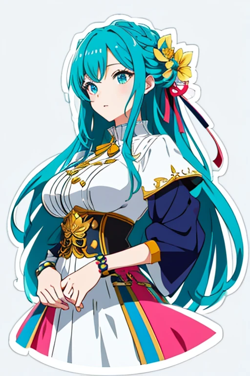 ((Stickers)),Stickers,One huge breasted girl, With sword, White background,Simple Background,Concept Art,art underneath,Anime Style,Wonderland、Fantasy,masterpiece,khd,Variety of colors,Detailed explanation,Seven Colors,(The best quality at its best,masterpiece, Complex,Hyper Detail,8KUltra-high resolution,Ultra-high resolution,Very detailed),