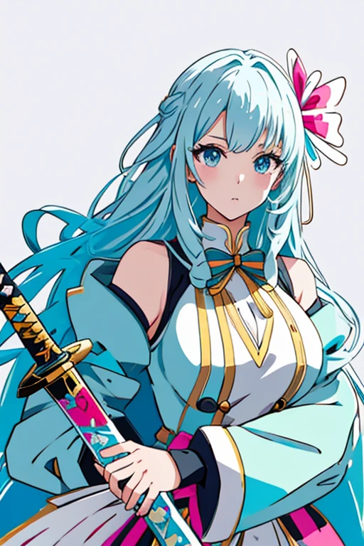 ((Stickers)),Stickers,One huge breasted girl, With sword, White background,Simple Background,Concept Art,art underneath,Anime Style,Wonderland、Fantasy,masterpiece,khd,Variety of colors,Detailed explanation,Seven Colors,(The best quality at its best,masterpiece, Complex,Hyper Detail,8KUltra-high resolution,Ultra-high resolution,Very detailed),