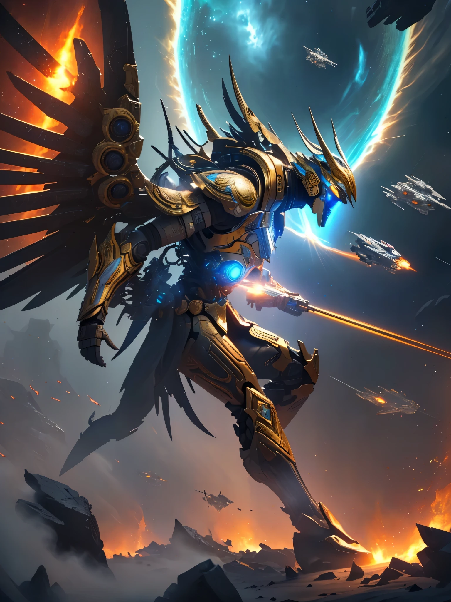 ((Highest quality)),(Ultra-high resolution),(Super detailed),(Detailed Description),((The best CG)),(masterpiece),Highly detailed art,(Art with precise detail:1.5), ((Science fiction movies:1.5)), (A meticulously crafted sci-fi setting:1.6), Lead-colored, gold, The heart will regain its brilliance, steel, Storm Light the fire, It's hard to attack, impregnable, ((The final blow:1.3)), Shattering Stars々, Flying rays, Illumination,