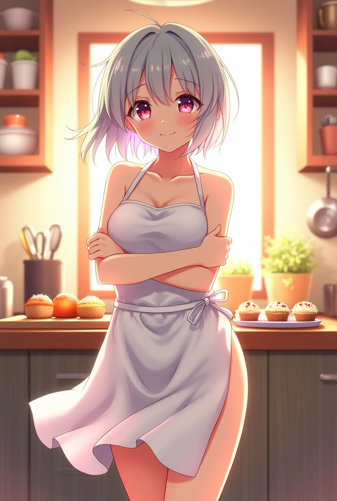 1girl in, fox ear,  light blue short hair,bangs pinned back,Ahoge,Colored inner hair, Yellow eyes,Cute, blush, medium breasts⁩, Naked Apron, kitchen, Watery eye, Embarrassed