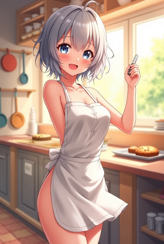 anime girl, She has no clothes and only a white apron that reaches her thigh, in a kitchen, She has short gray hair, She's got too many curves and she's smiling