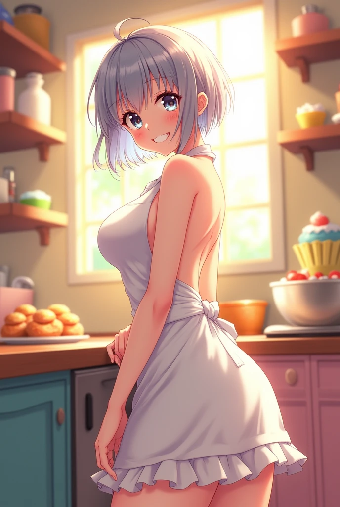 anime girl, She has no clothes and only a white apron that reaches her thigh, in a kitchen, She has short gray hair, She's got too many curves and she's smiling