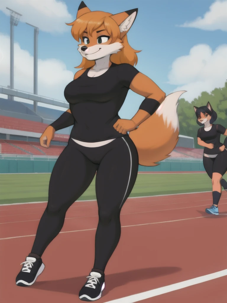 Furry, fox, female, black shirt, black leggings, shoes, running track, friends, full body